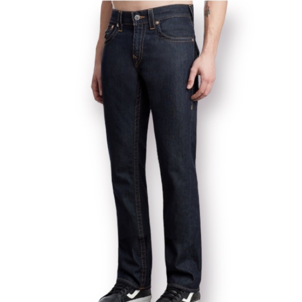 True Religion Straight Dark Wash 2S Body Rinse Brown/Gold Stitch Jeans